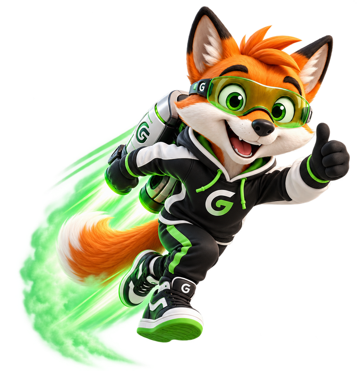 Mascote do Grupito acelerando com jetpack